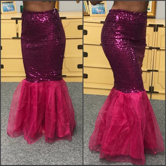Pink high waisted Sequin Mermaid Skirt tulle tail - Picture 3 of 5